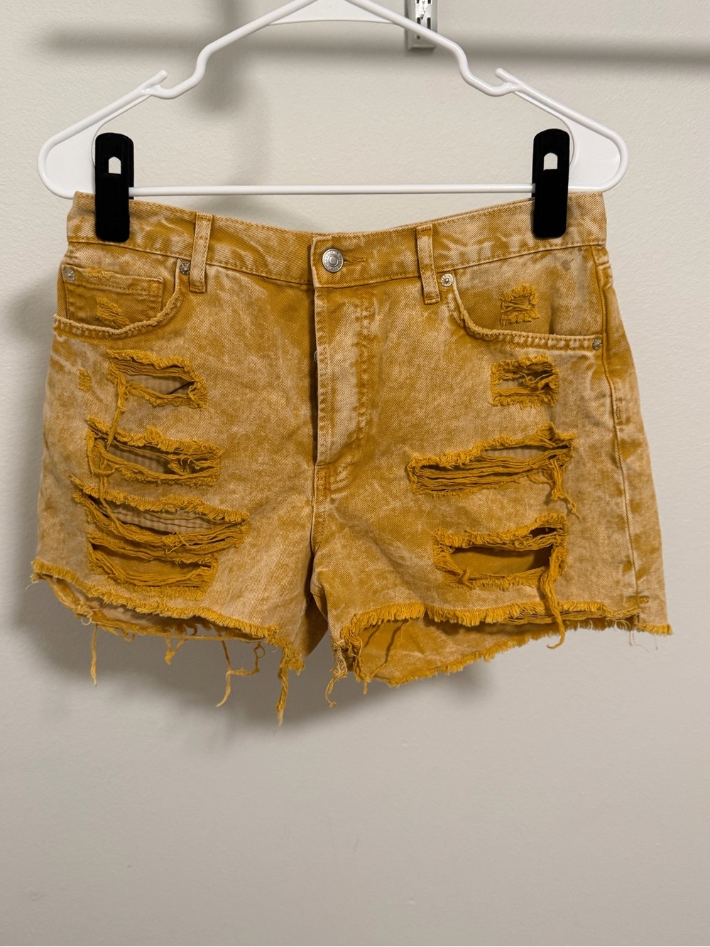 Free People Distressed Mustard Yellow Denim Shorts